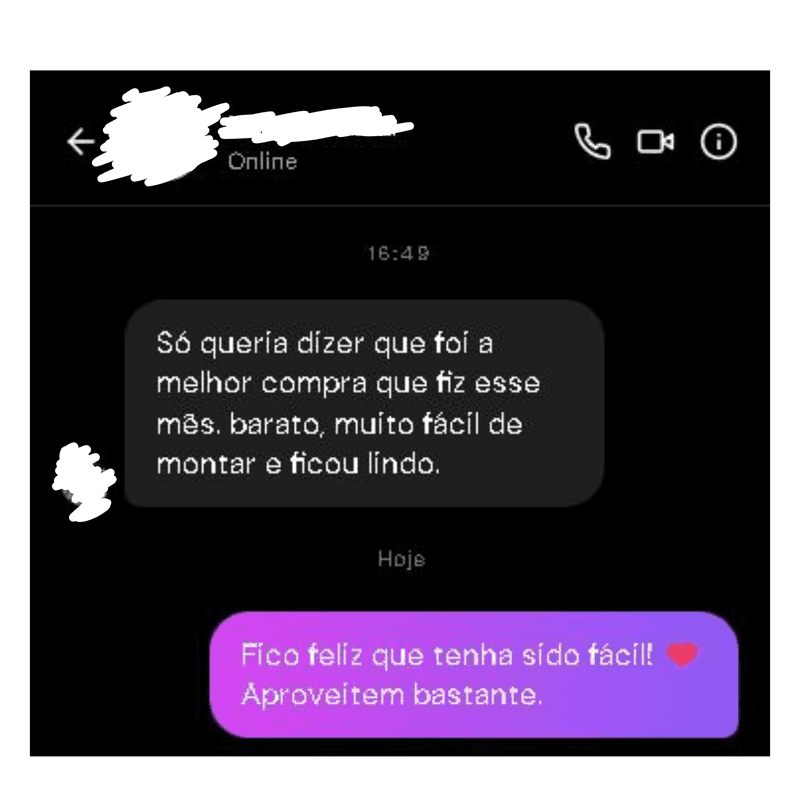 Mensagem de uma cliente dizendo que foi a melhor compra do mês, barata e fácil de montar