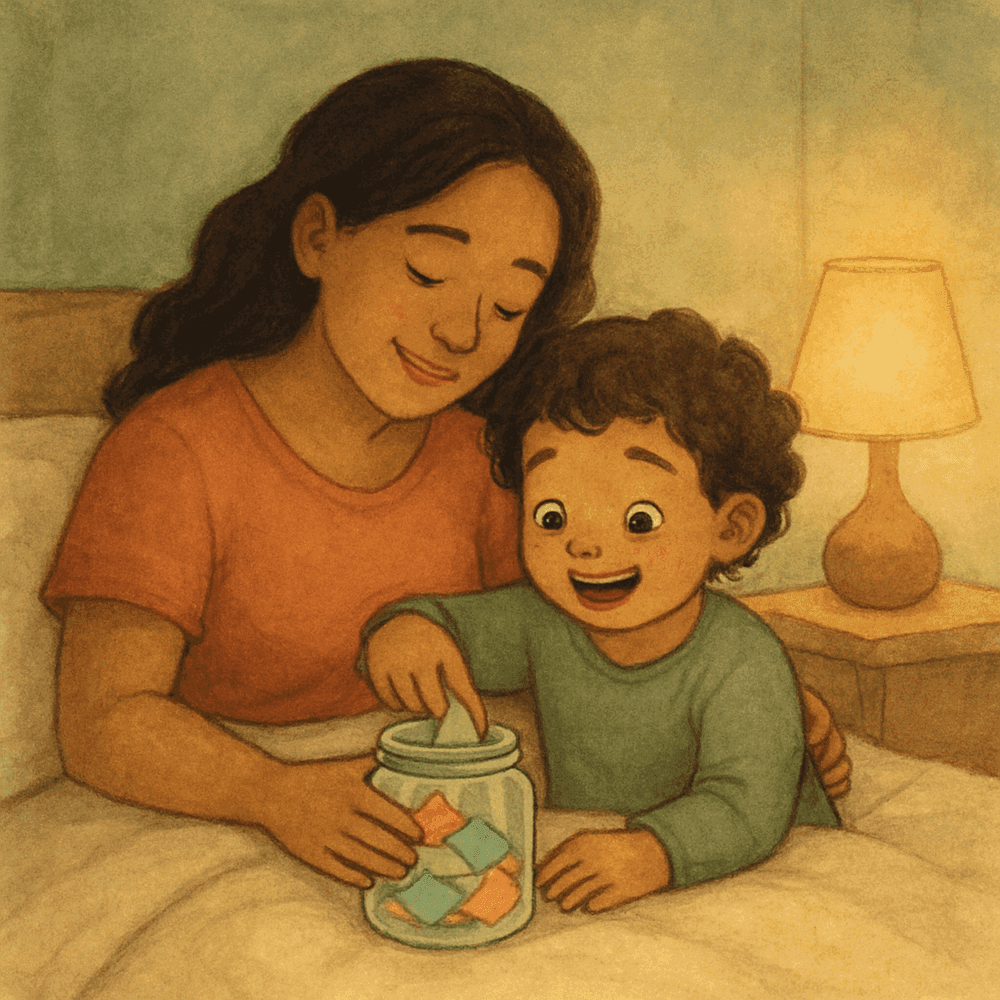 Mãe e filho juntos na hora de dormir, tirando um papelzinho colorido do Potinho da Fé